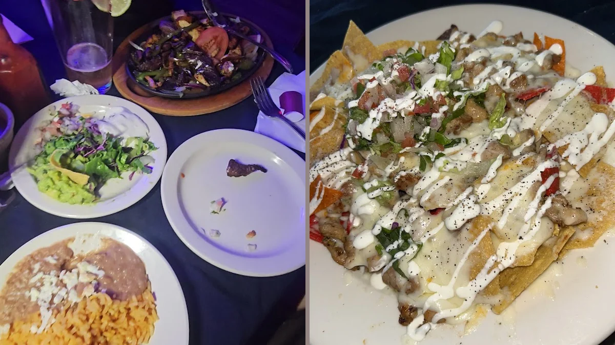 Colorful plates on a restaurant table.